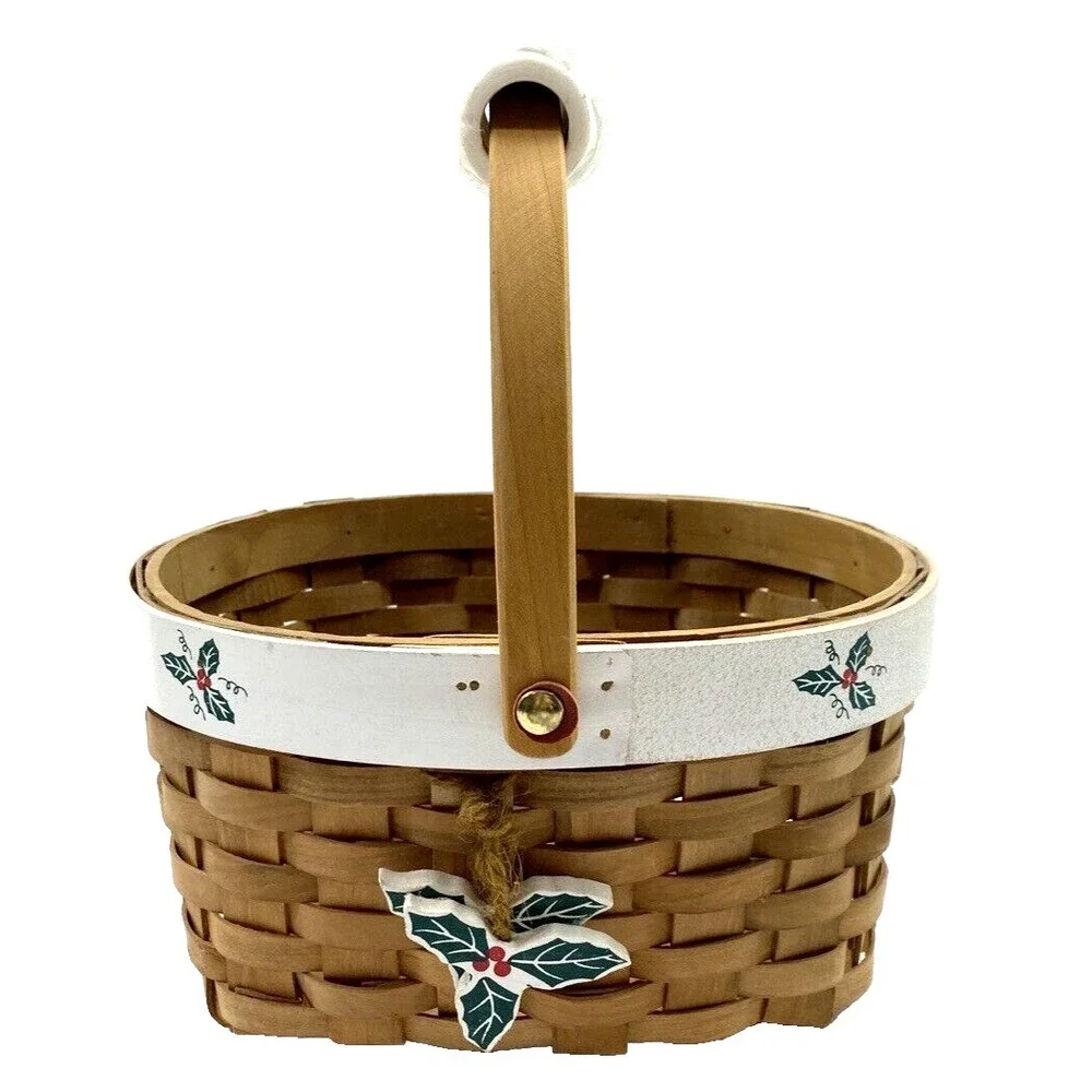 Wooden Woven Holiday Christmas Oval Baskets Porcelain Handle & Holly Leaves NEW